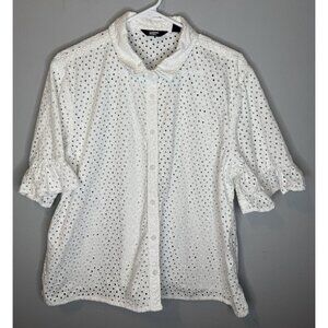 Lands' End Women's Eyelet Ruffle Short Sleeve Blouse Large 14/16 Collared Button